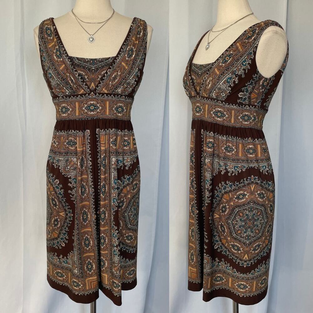 Sleeveless Dress Size 6 Brown Tan Brocade Paisley Stretch Empire Waist Boho Y2K